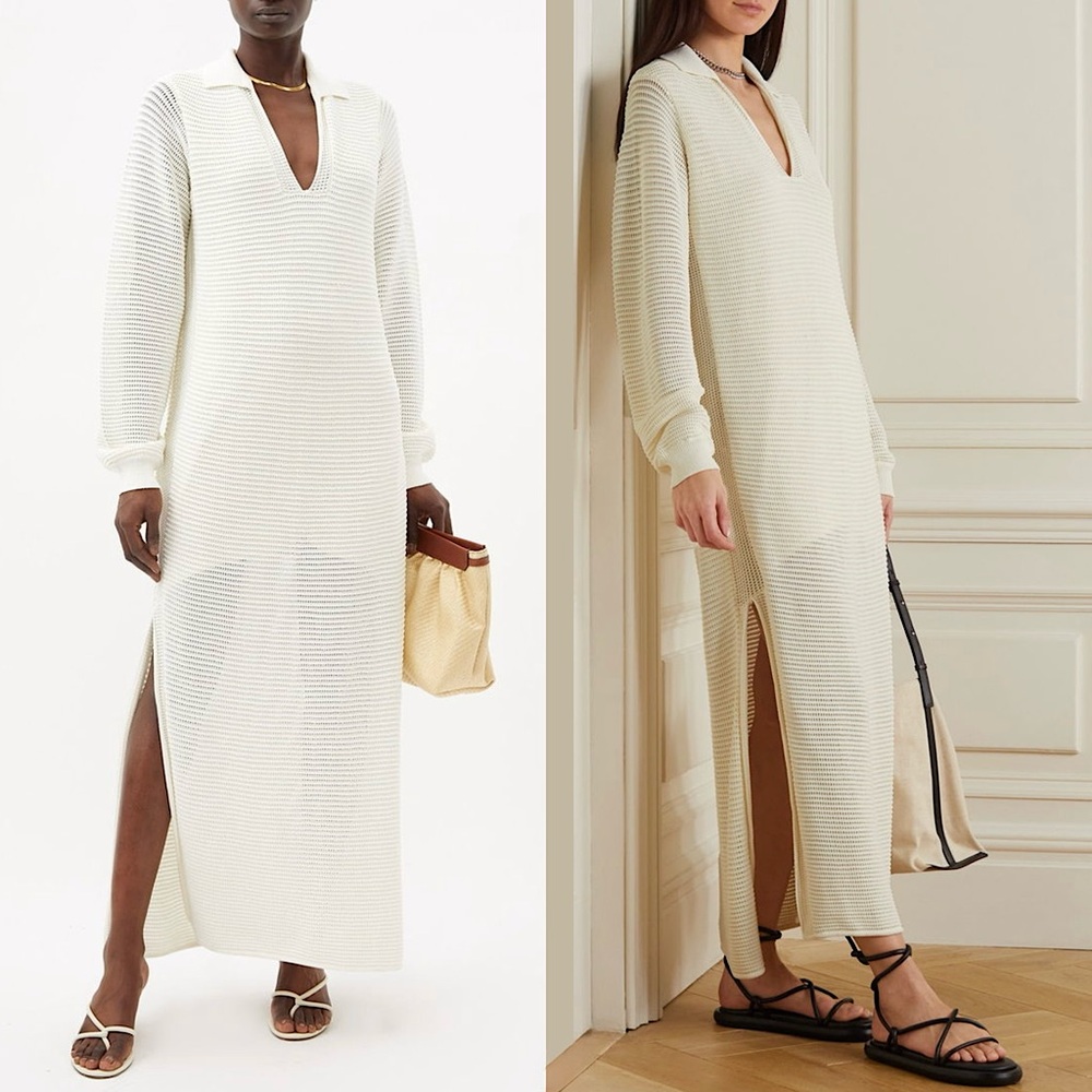 FRAME Ivory Crochet Long Sleeve Collared V-Neck Side Slit Maxi Shift Dress‎ S
